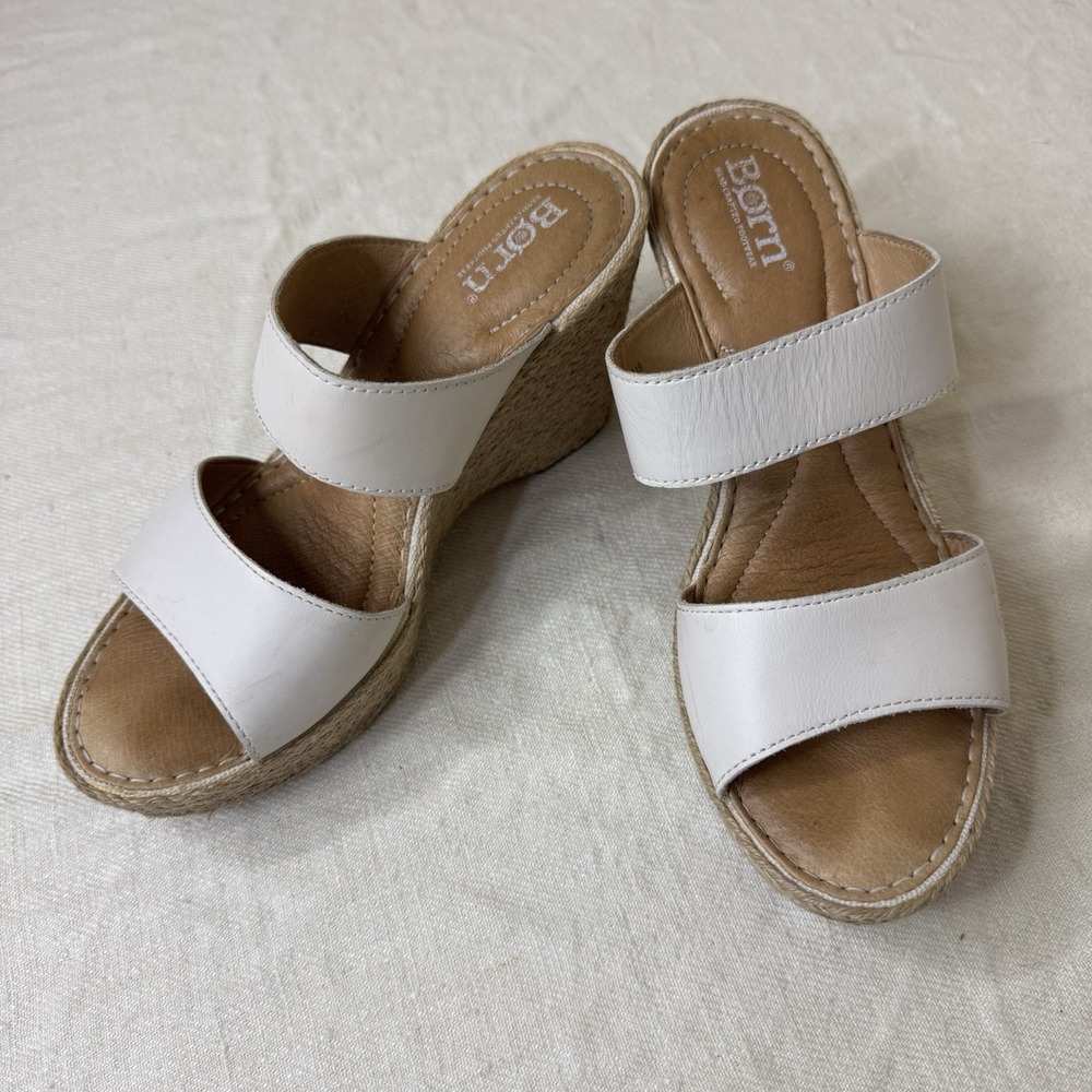 Born Womens Platform Espadrilles Ivory Slip On Wedge Sandals Size 7 Coast Resort